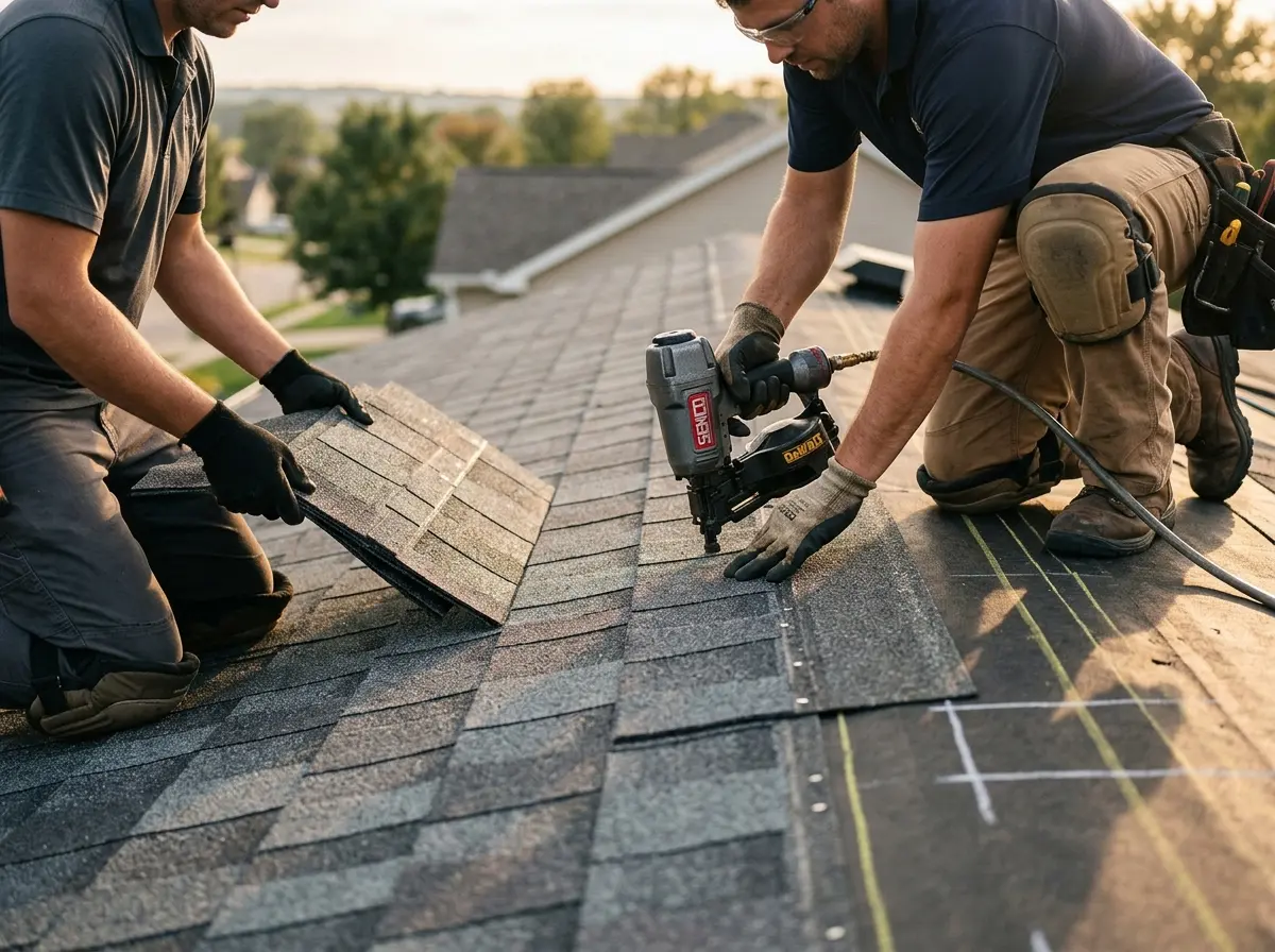 Professional roofer working on a residential roof in Estes Park